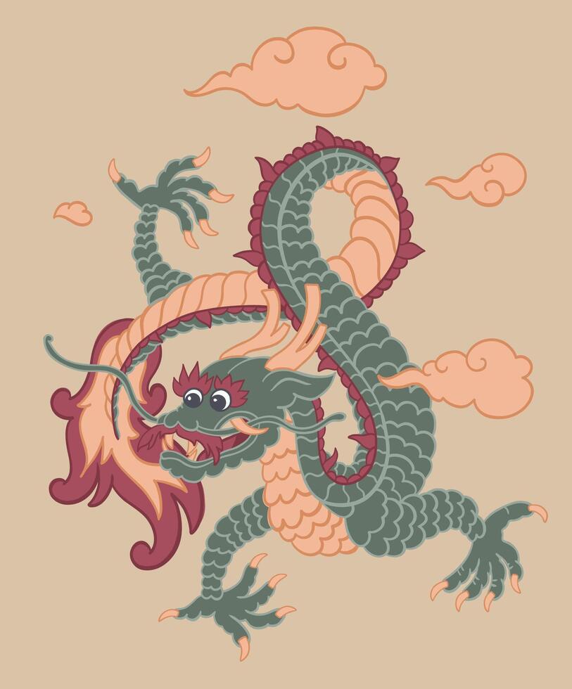 Chinese draak schepsel met klauwen en staart, wolk vector