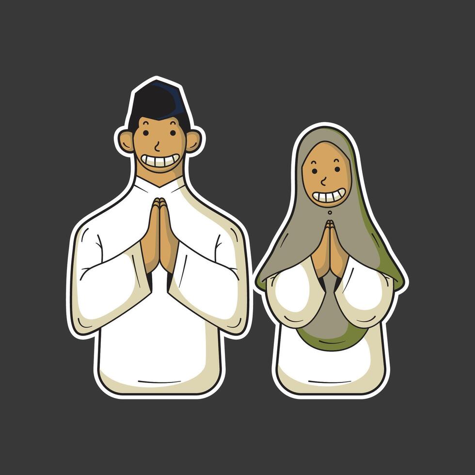 illustratie van mannen en Dames wensen hen een gelukkig eid al-fitr 2 vector