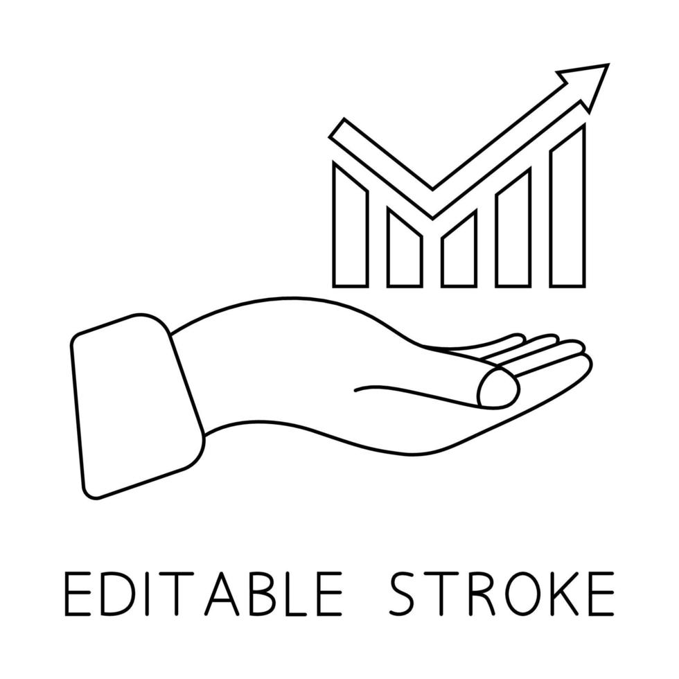 groei, voortgangspictogram. grafiek opgroeien in de hand. statistiek staafdiagram pictogram. pijl verhogen. infographic vooruitgang, bedrijfsconcept. grafische pijl omhoog. overzichtssymbool voor statistiek vector