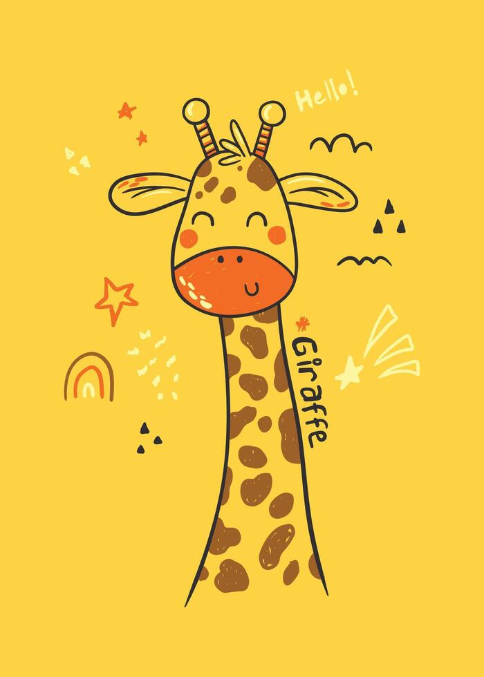 schattig tekenfilm giraffe Aan geel achtergrond gezegde Hallo vector