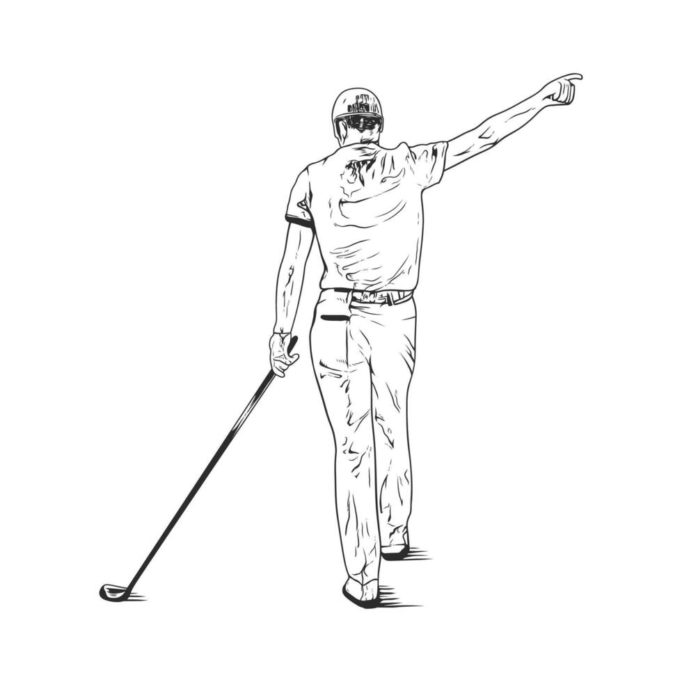 een zwart en wit illustratie van een golfspeler vieren een perfect schommel, gedetailleerd en expressief vector