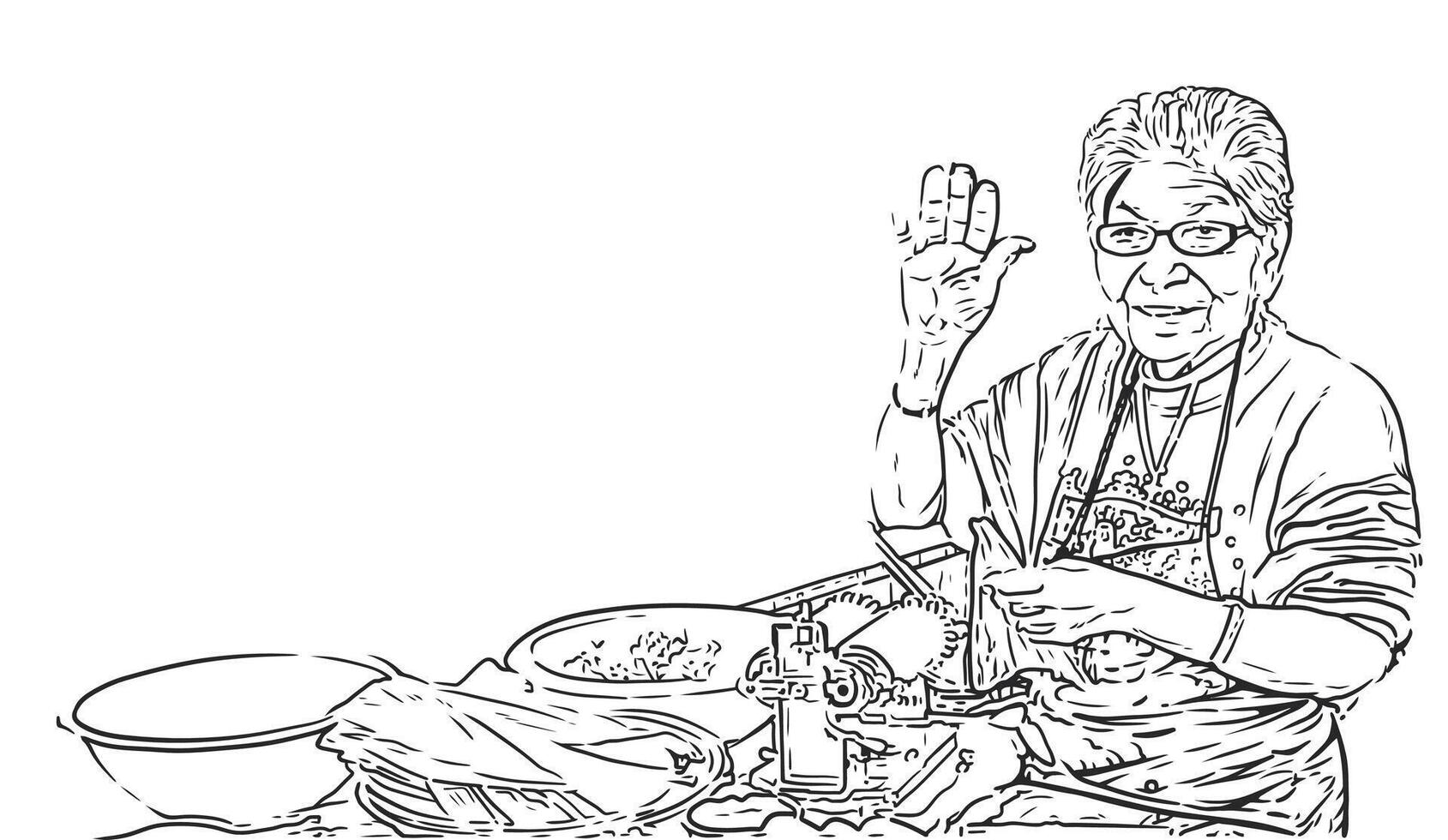 een grootmoeder chef maken vers pasta in een gedetailleerd lijn kunst illustratie vector