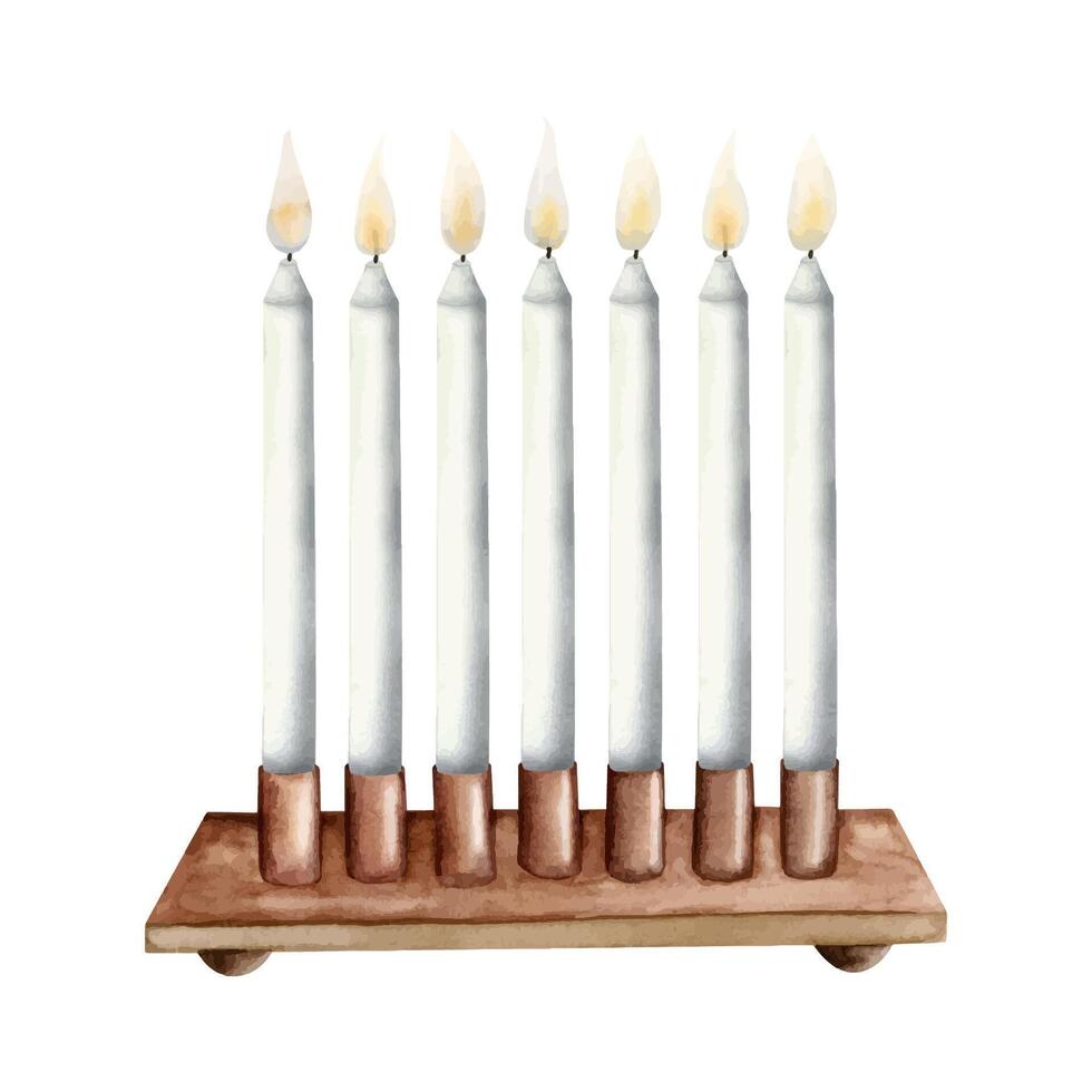 waterverf bronzen kandelaar met zeven brandend kaarsen, waterverf Joods menora. Pascha seder avondeten decoratie vector