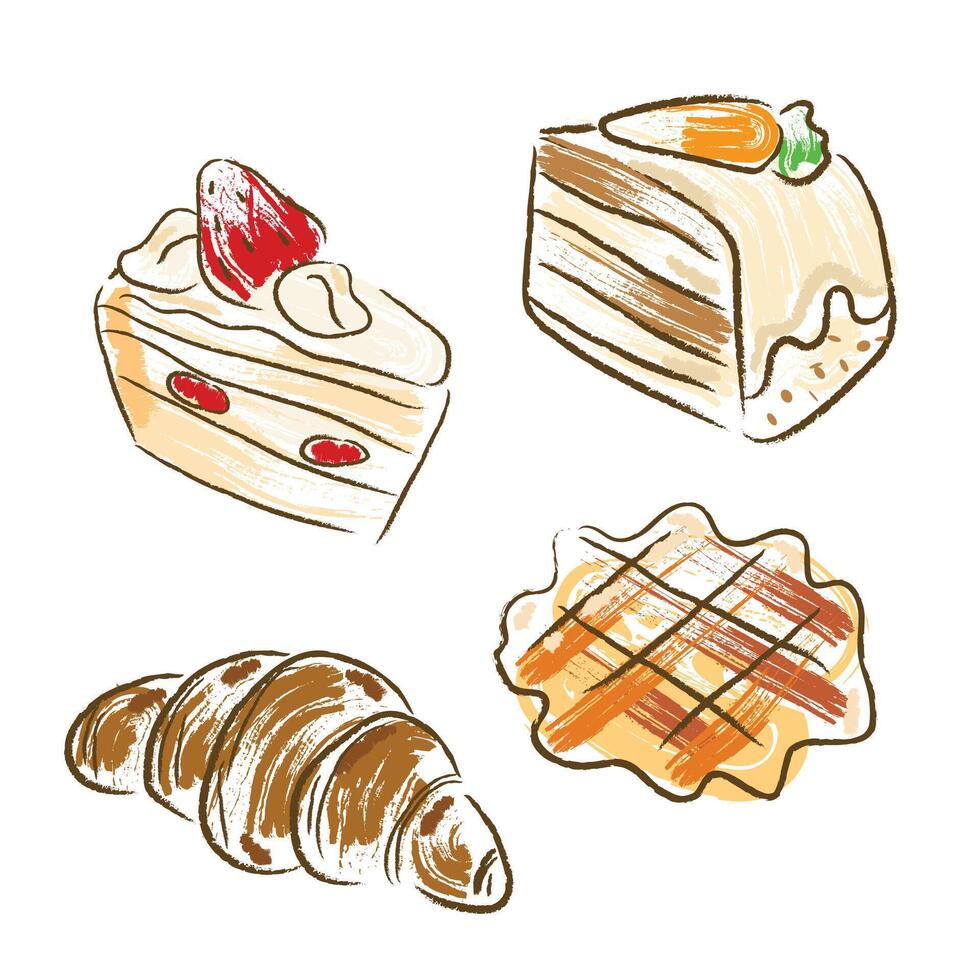 bakkerij illustratie vector. hand- getrokken Leuk vinden aardbei taart, wortel taart, wafels. vector