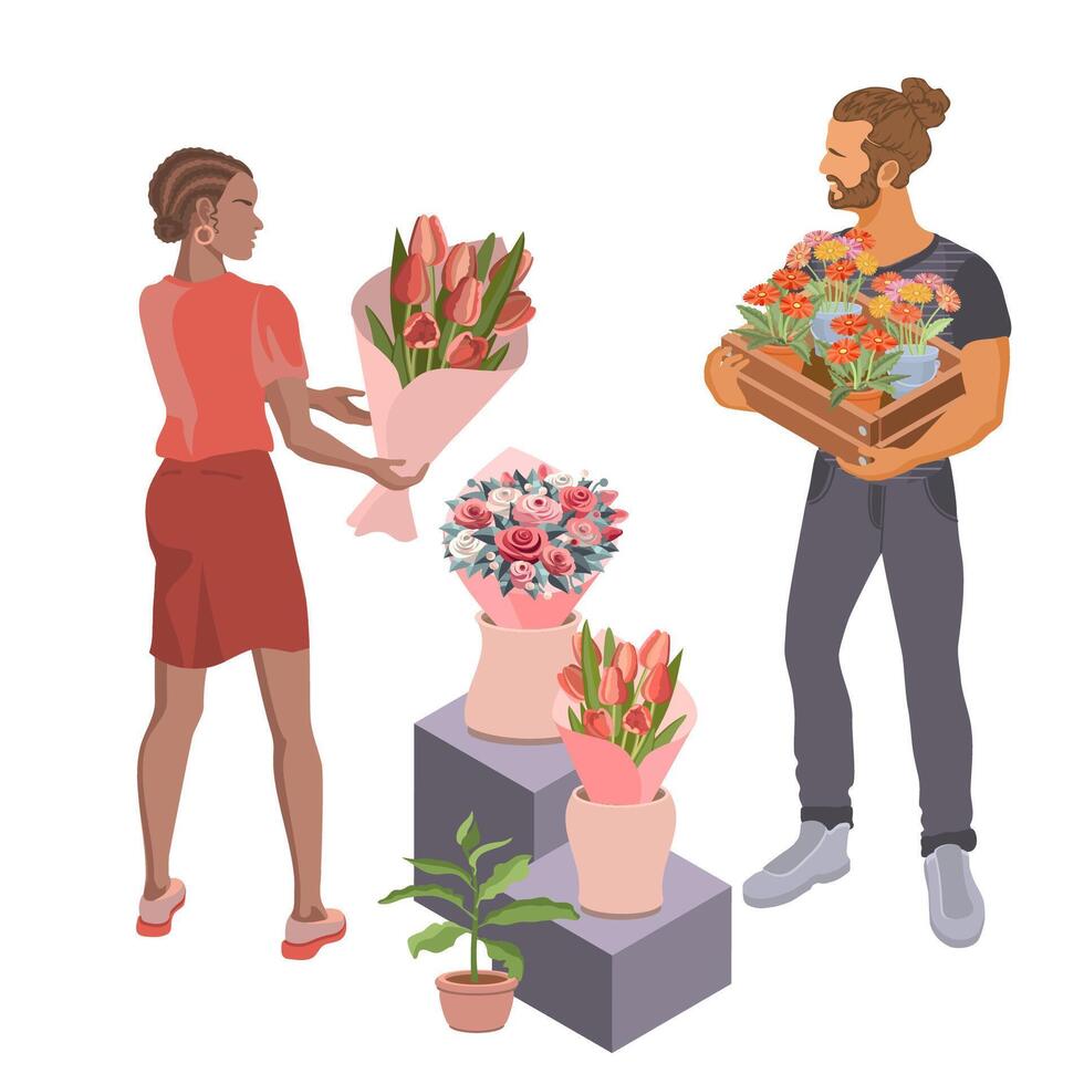 jong Mens en meisje zijn Holding bloemen. isometrische vector illustratie.