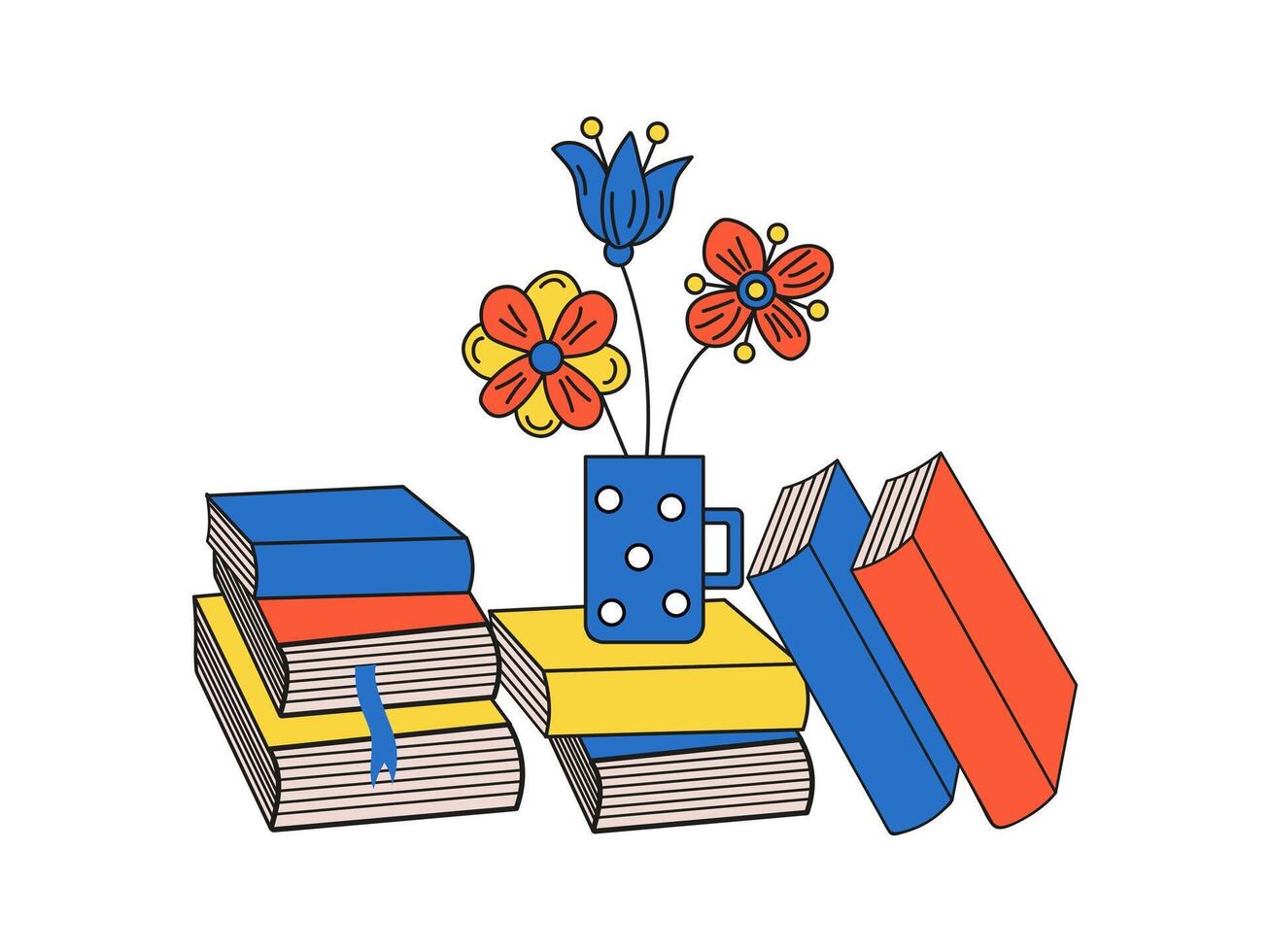 gestapeld boeken, een mok met bloemen. liefde van lezing en aan het leren concept. boek verzameling illustratie, vlak stijl, clip art, geïsoleerd achtergrond. vector