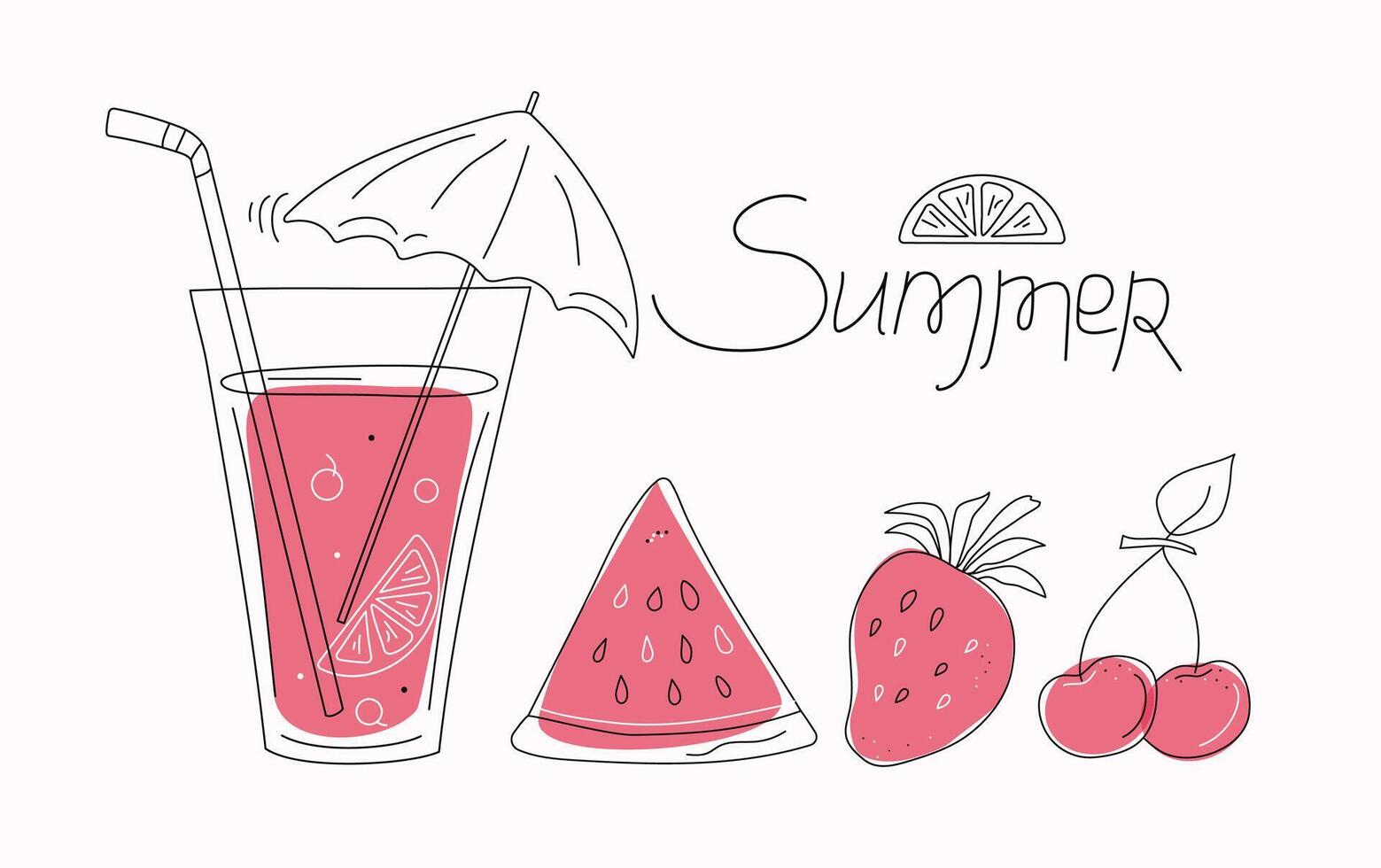 een glas van sap, een fruit cocktail, fruit en bessen. voedsel en drankjes. zomer, hand- belettering. strand bar. aardbei, watermeloen en kers. lijn pictogrammen met gekleurde vlekken. krabbelen. vector