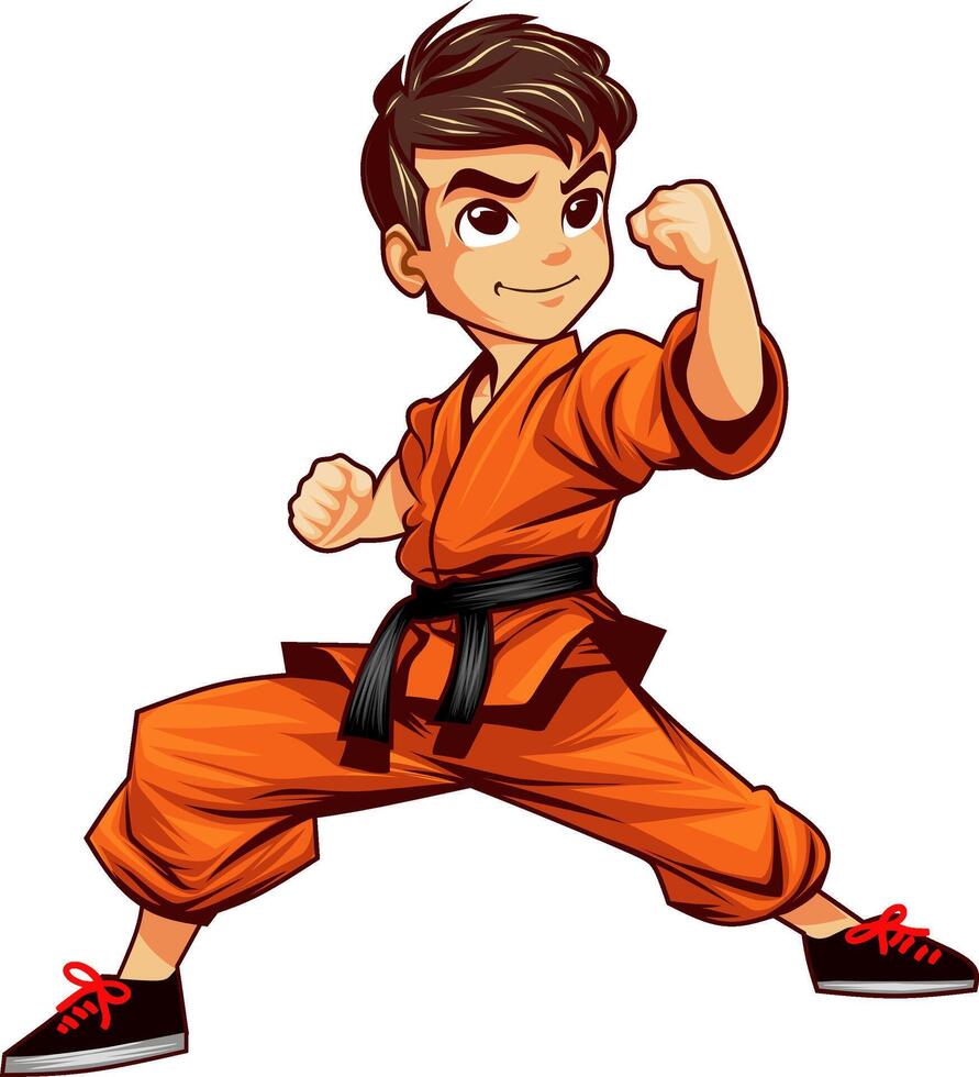 krijgshaftig kunsten karate junior jongen logo mascotte ontwerp oranje uniform vector