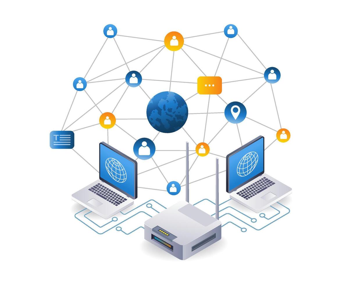 wereld internet gebruik netwerk concept, vlak isometrische 3d illustratie vector