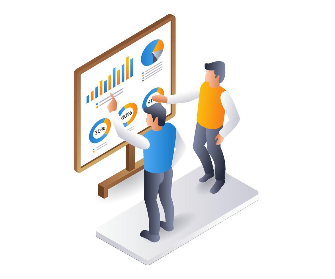 de team is in een vergadering analyseren de van het bedrijf bedrijf ontwikkeling gegevens, vlak isometrische 3d illustratie vector