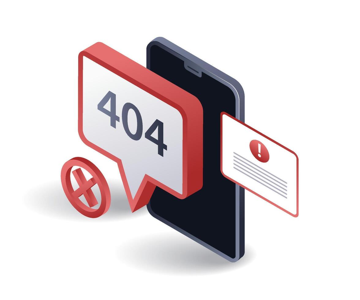 smartphone onderhoud fout code 404, vlak isometrische 3d illustratie vector