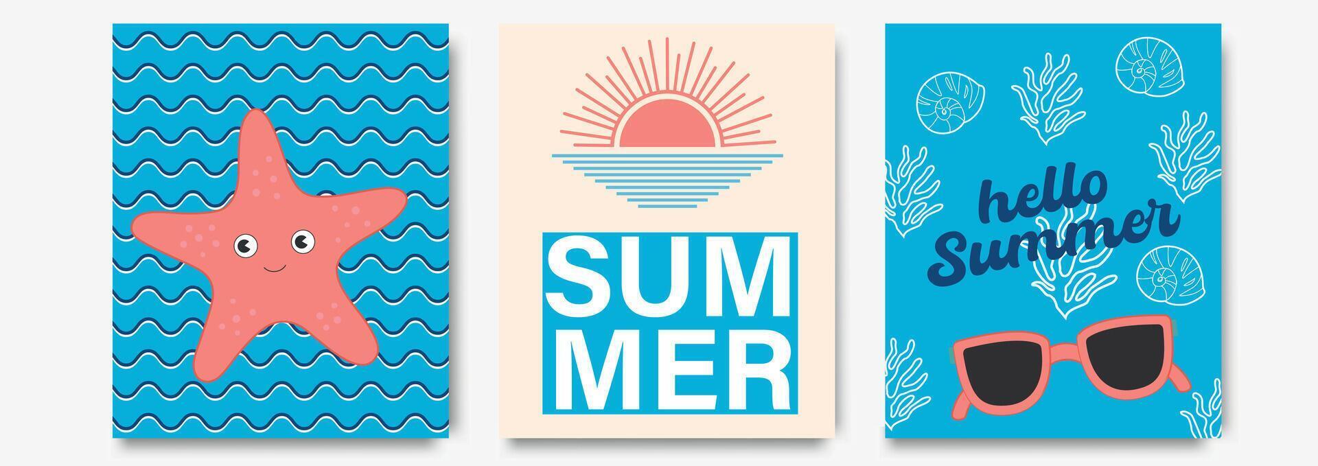 schattig minimaal zomer poster, omslag, kaart reeks met schattig zeester karakter, zon, zonnebril in de zee, velden en typografie ontwerp. zomer vakantie, reis, vakantie reizen illustraties vector