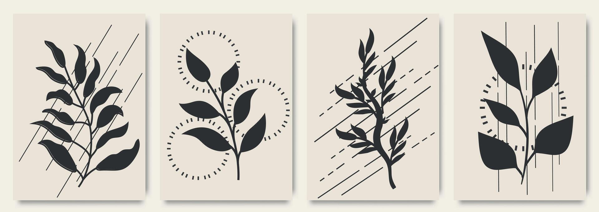 vector illustratie van zwart en wit bladeren, tak, bloem, sacraal meetkundig simbols geïsoleerd Aan wit achtergrond. botanisch achtergrond ontwerp voor muur ingelijst afdrukken.