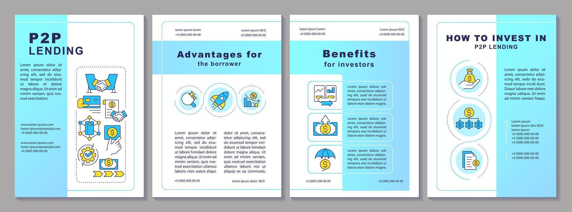 p2p kredietverlening brochure sjabloon. voordelen voor investeerders en leners. brochure ontwerp met lineair pictogrammen. bewerkbare 4 vector indelingen voor presentatie, jaar- rapporten