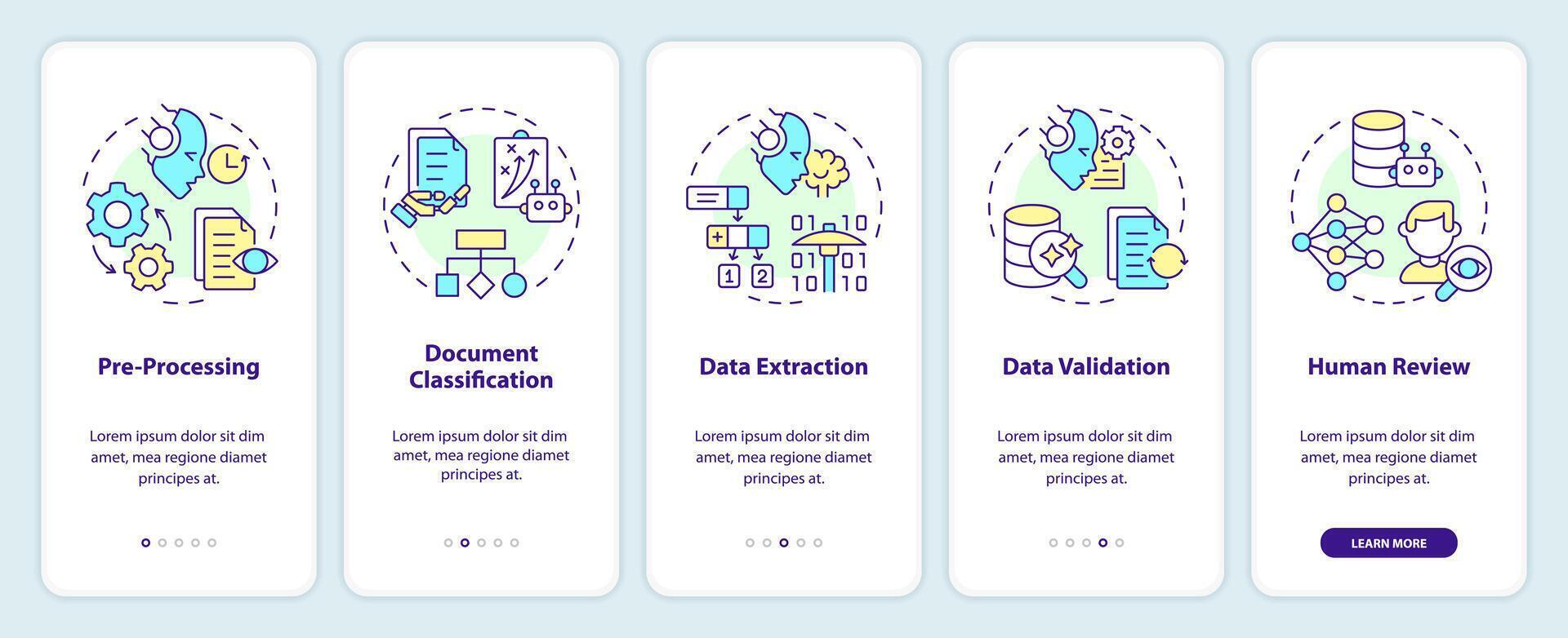 document verwerken stadia onboarding mobiel app scherm. walkthrough 5 stappen bewerkbare grafisch instructies met lineair concepten. ui, ux, gui sjabloon vector