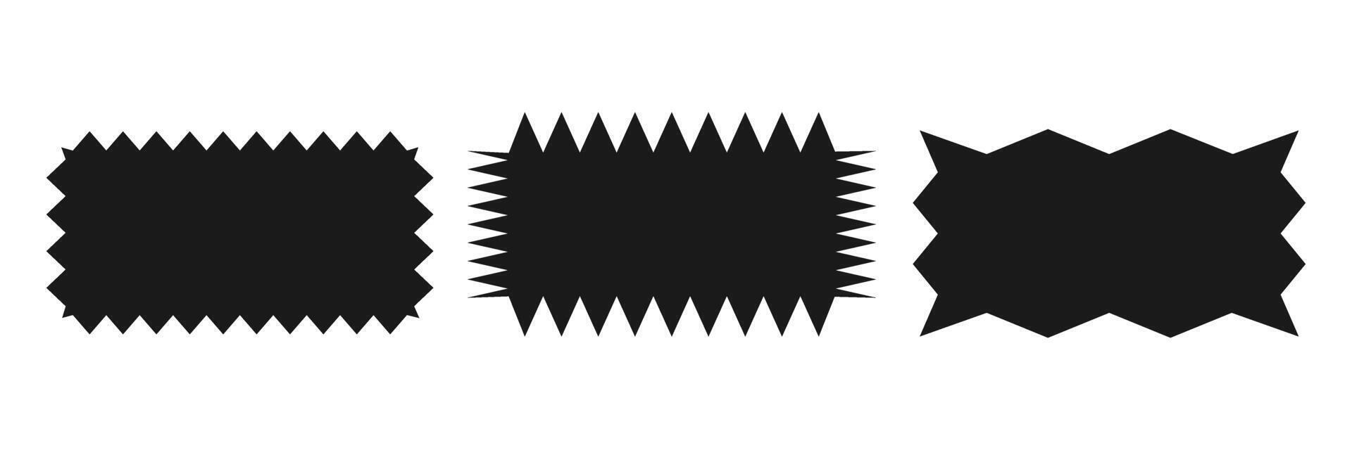 gekarteld rechthoek.a reeks van ongelijk zigzag rechthoekig vormen. zwart kleur. geïsoleerd elementen voor ontwerp van tekst doos, knop, insigne, banier, label, sticker, kenteken. vector illustratie.