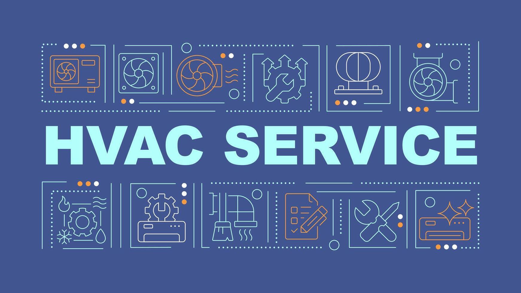 hvac onderhoud blauw woord concept. verwarming en koeling systeem. typografie spandoek. vlak ontwerp. vector illustratie met titel tekst, bewerkbare lijn pictogrammen. klaar naar gebruik