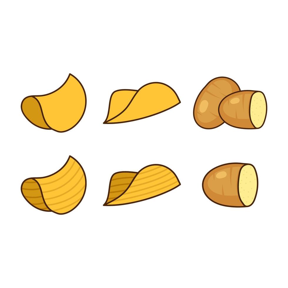 icoon reeks van aardappel chips, voedsel en tussendoortje logo met gemakkelijk aardappel vector
