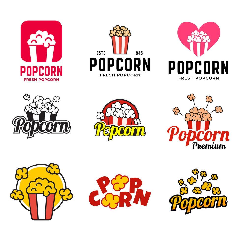 reeks van popcorn logo insigne met illustratie van popcorn in emmer geïsoleerd Aan wit achtergrond vector