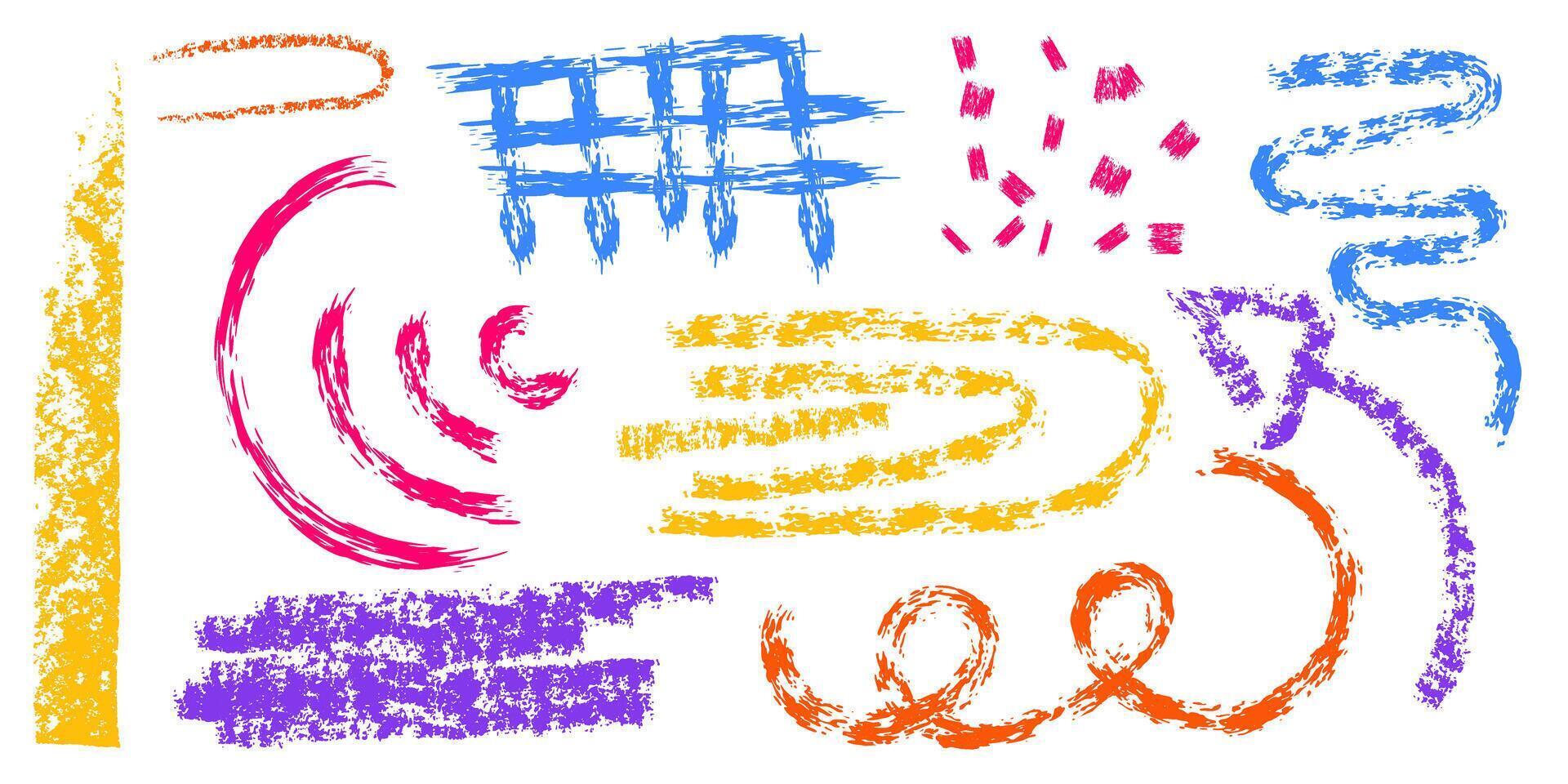 kleurrijk kinderen krijt borstel verzameling element. vector kattebelletje ontwerp, hand- getrokken illustratie