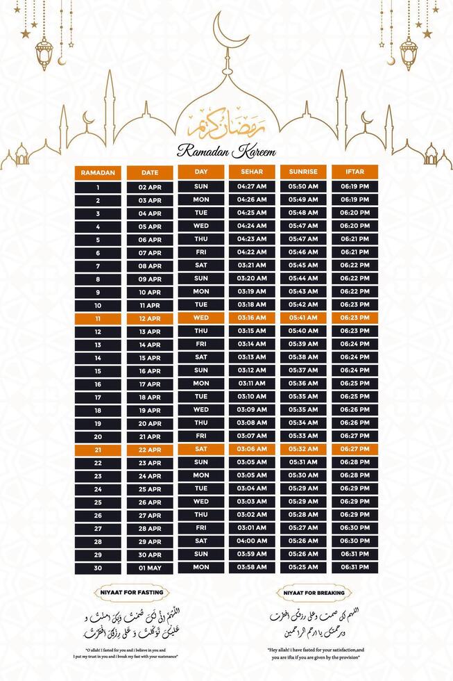 Ramadan kareem Islamitisch maand kalender Ramadan gebed timing kalender vector