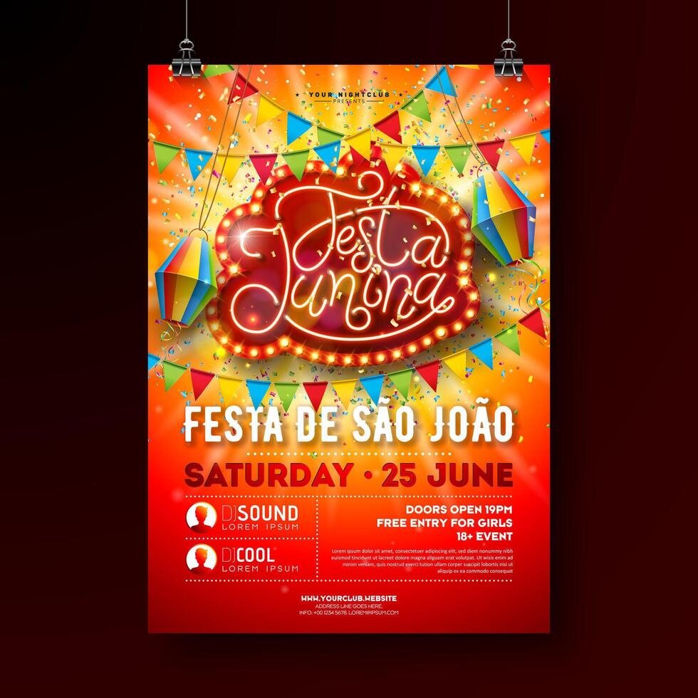 festa Junina partij folder illustratie met papier lantaarn en retro licht lamp aanplakbord Aan glimmend rood achtergrond.vector Brazilië juni sao joao festival ontwerp voor uitnodiging of vakantie viering poster vector