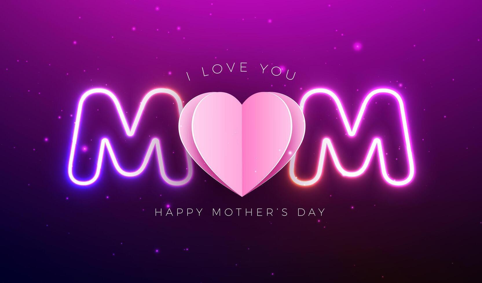 gelukkig moeder dag groet kaart ontwerp met roze papier hart en gloeiend neon licht ik liefde u mam typografie belettering Aan paars achtergrond. vector moeder dag illustratie voor ansichtkaart, banier