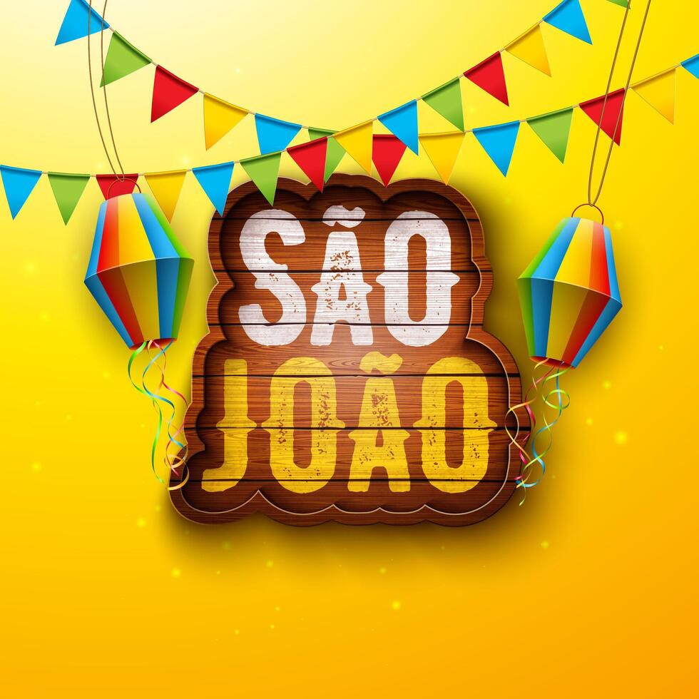 festa Junina illustratie met partij vlaggen en papier lantaarn Aan geel achtergrond. vector Brazilië juni sao joao festival ontwerp met typografie brief Aan wijnoogst hout bord voor groet kaart