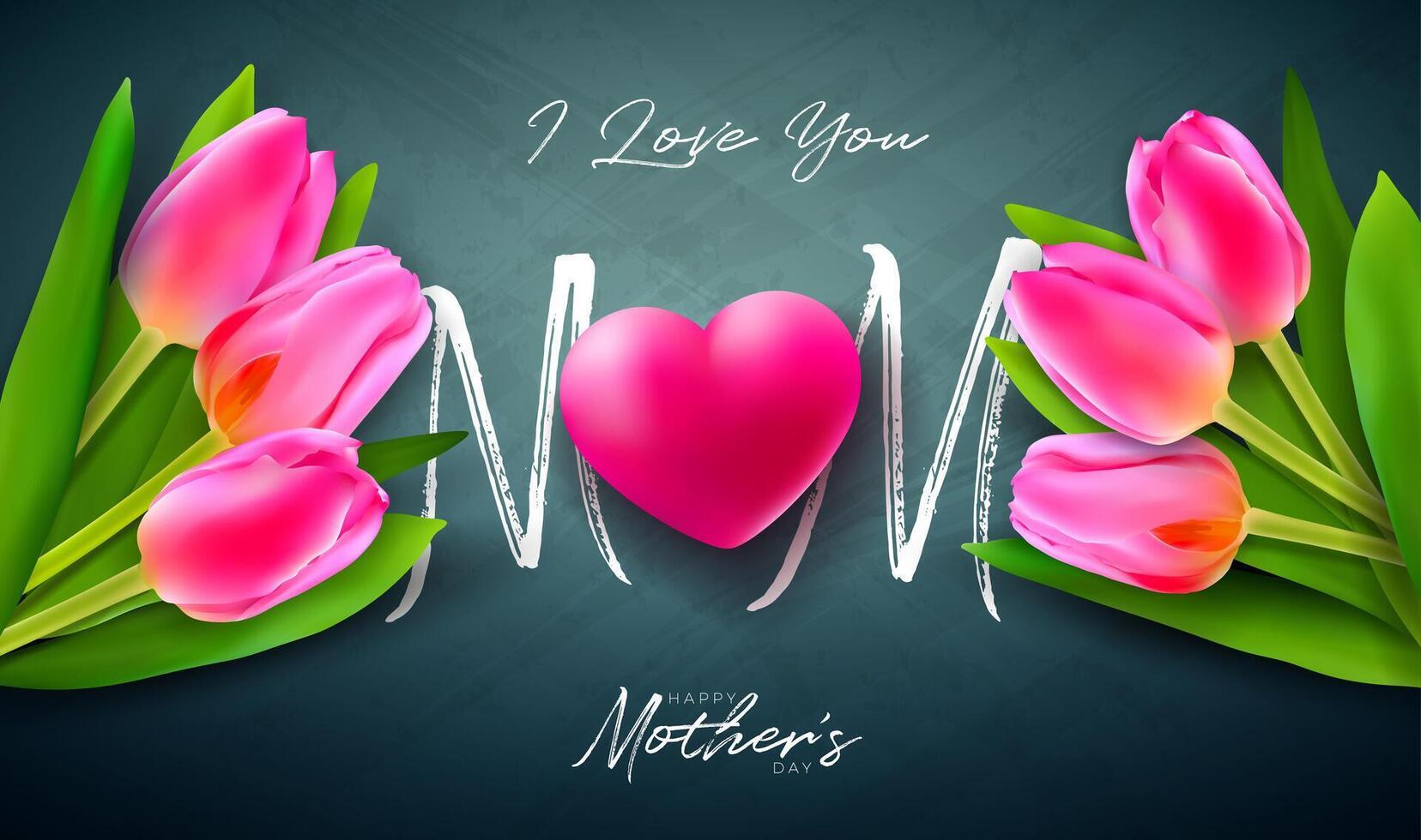 ik liefde u mama. gelukkig moeder dag groet kaart ontwerp met tulp bloem, rood hart en typografie brief Aan donker schoolbord achtergrond. vector viering illustratie voor banier, folder of brochure.