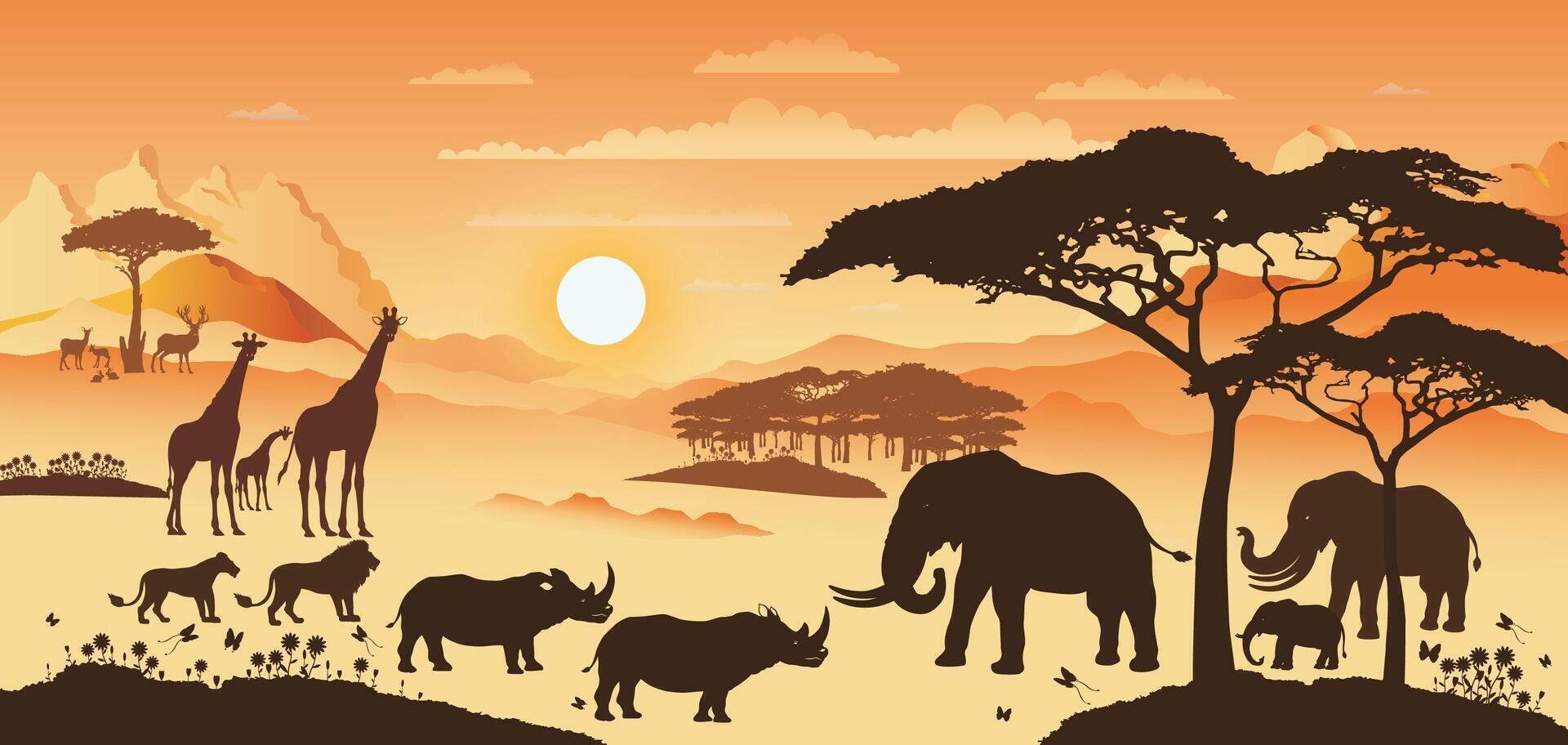 Afrikaanse illustratie landschap met silhouetten van dier dieren in het wild Bij zonsondergang of zonsondergang. vector