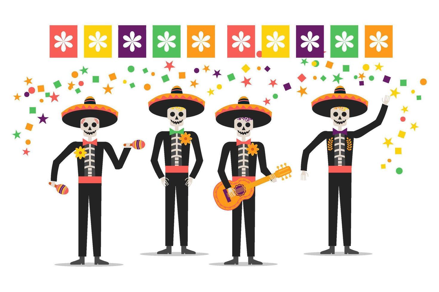 cinco de mayo groet kaart, uitnodiging. grappig skeletten spelen gitaar, maracas. vector illustratie