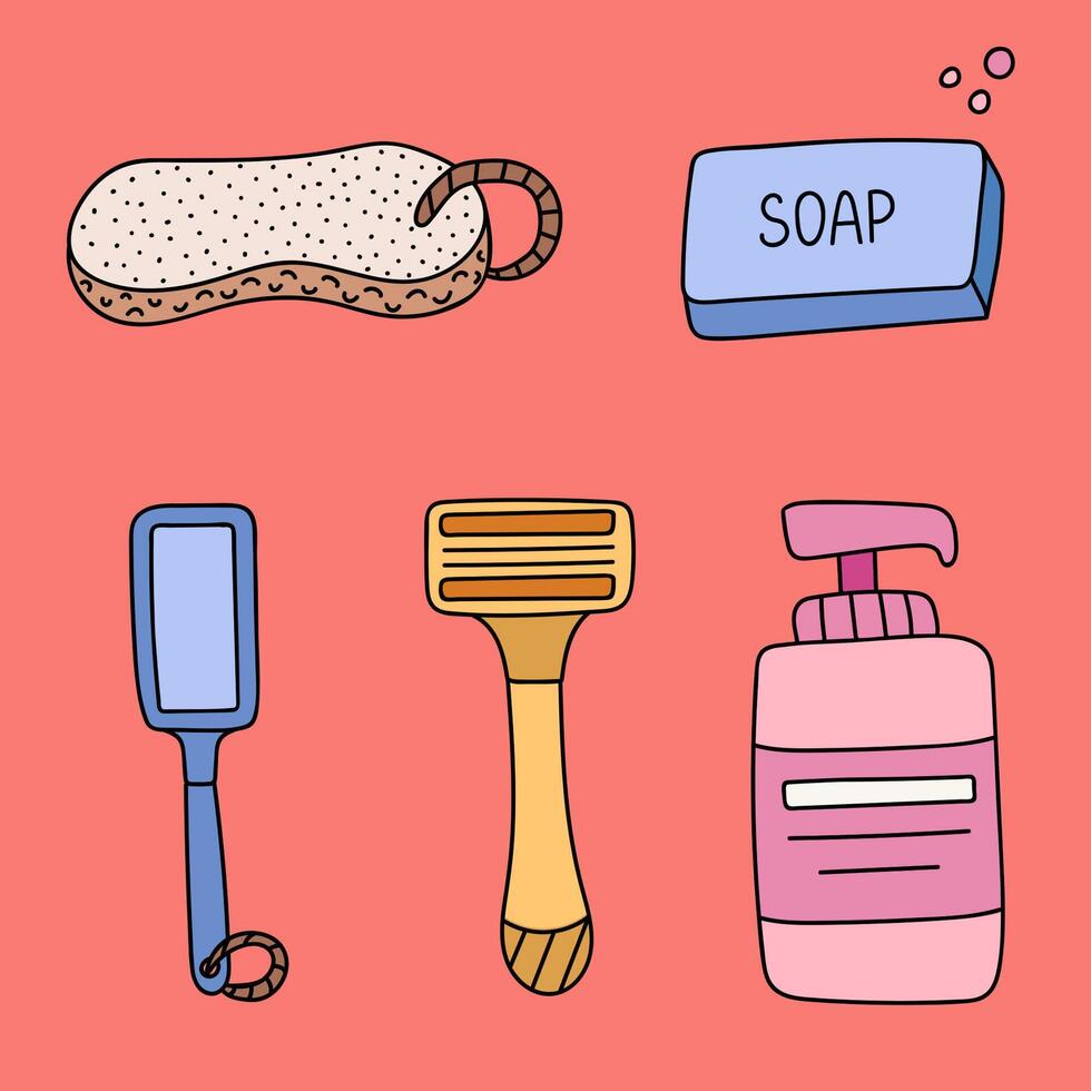 schattig tekening reeks van hygiëne artikelen, badkamer en douche accessoires. zeep, shampoo, room, scheermes, puimsteen, bad spons voor schrobben en wassen. hand- getrokken producten huid en lichaam zorg geïsoleerd. vector