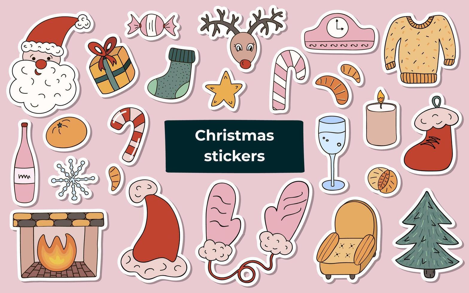 groot reeks van stickers met Kerstmis tekening in vlak stijl voor planners. klaar voor afdrukken lijst van schattig stickers. hand- getrokken vector illustratie met schets. rood kerstmis, feestelijk geschenk doos, viering