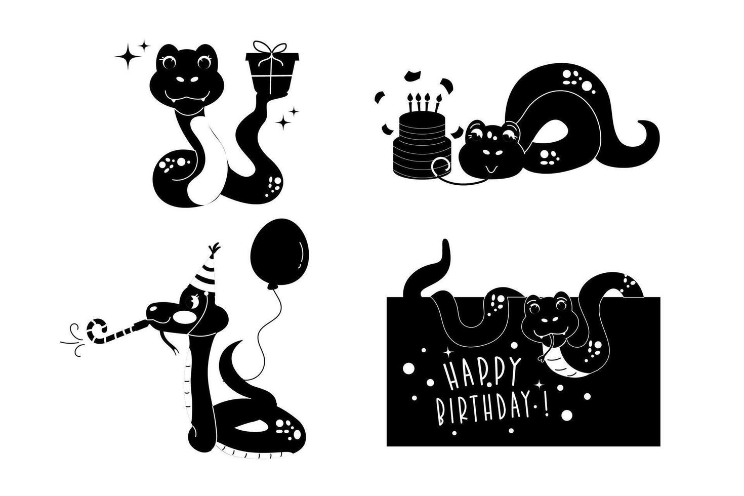 reeks tekenfilm silhouet karakter verjaardag slang hand- getrokken vector