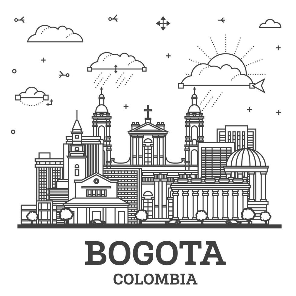 schets Bogota Colombia stad horizon met historisch gebouwen geïsoleerd Aan wit. illustratie. Bogota stadsgezicht met oriëntatiepunten. vector