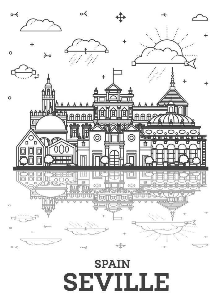 schets Sevilla Spanje stad horizon met historisch gebouwen en reflecties geïsoleerd Aan wit. illustratie. Sevilla stadsgezicht met oriëntatiepunten. vector