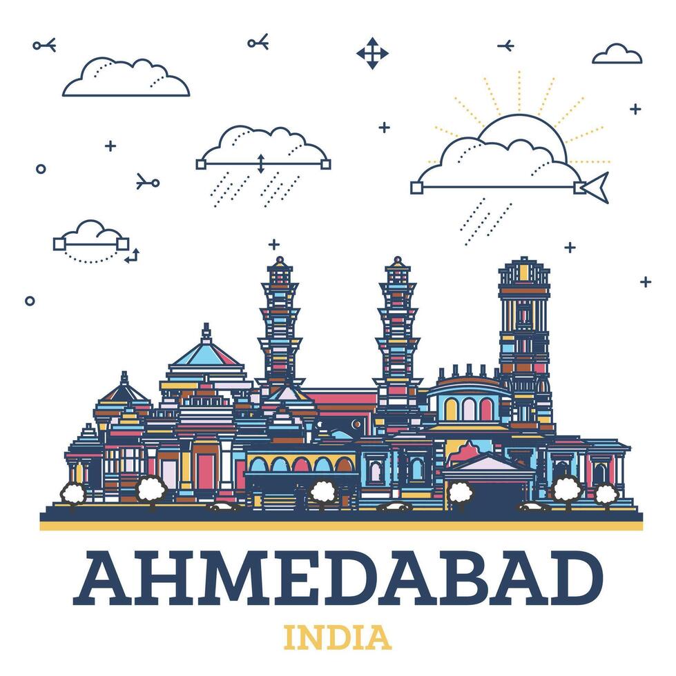 schets ahmedabad Indië stad horizon met gekleurde historisch gebouwen geïsoleerd Aan wit. ahmedabad stadsgezicht met oriëntatiepunten. vector