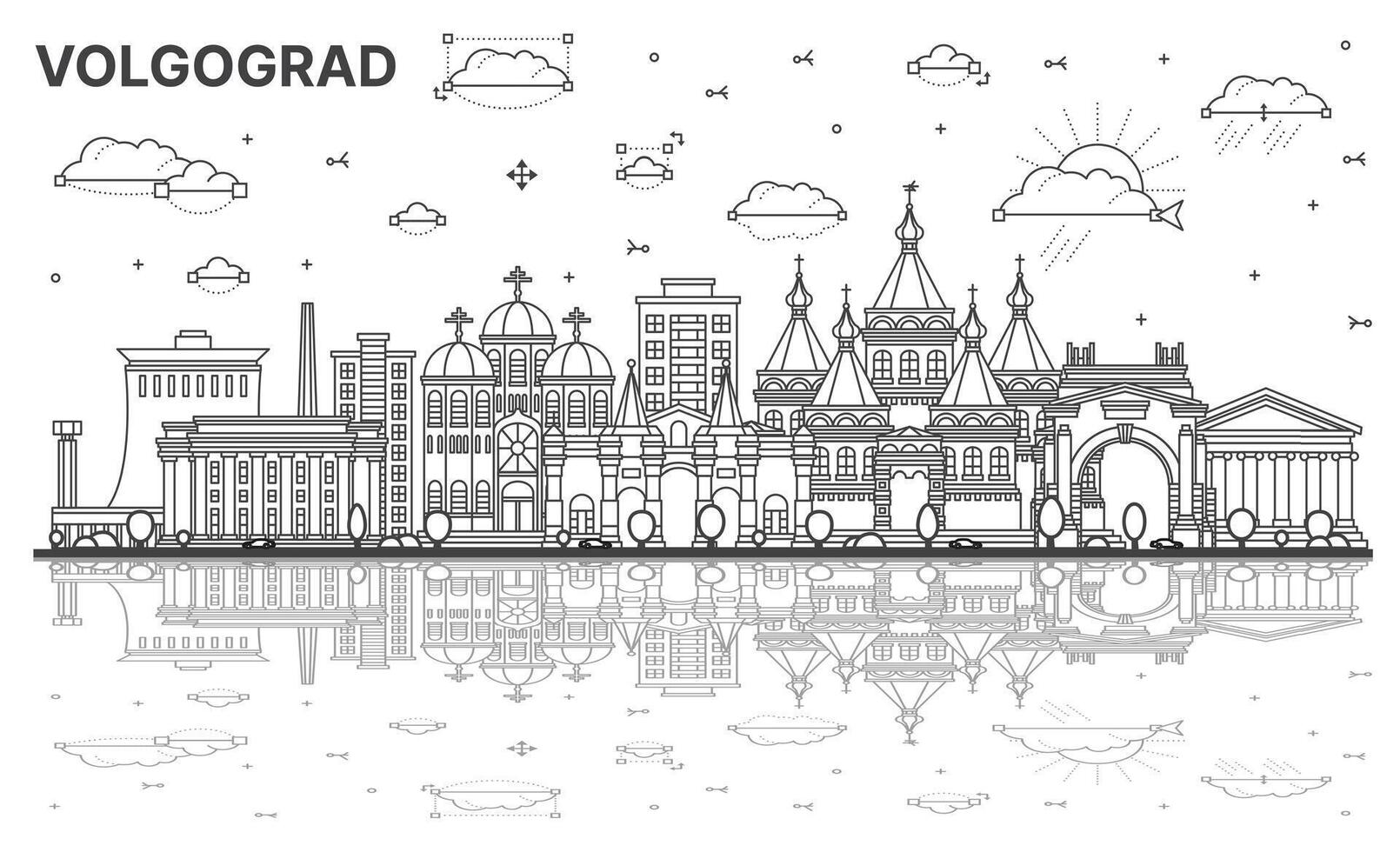 schets volgograd Rusland stad horizon met modern en historisch gebouwen met reflecties geïsoleerd Aan wit. volgograd stadsgezicht met oriëntatiepunten. vector