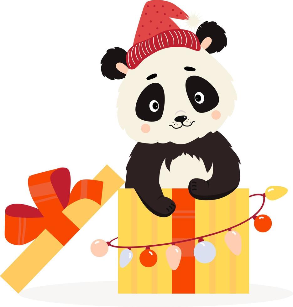 schattige panda santa in geschenkdoos met kerstslinger vector