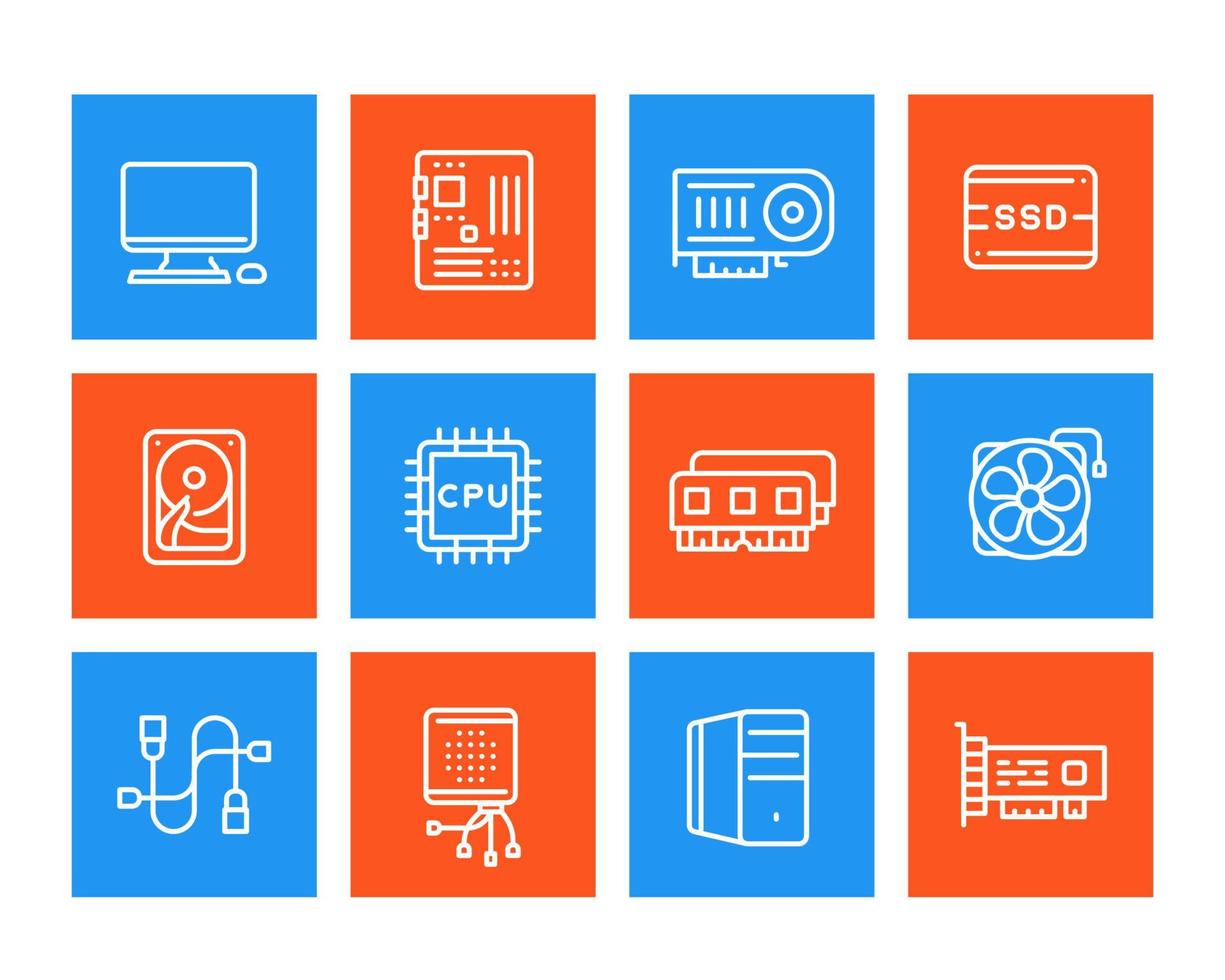 computer componenten iconen set, moederbord, processor, ram, hdd, ssd, videokaart vector