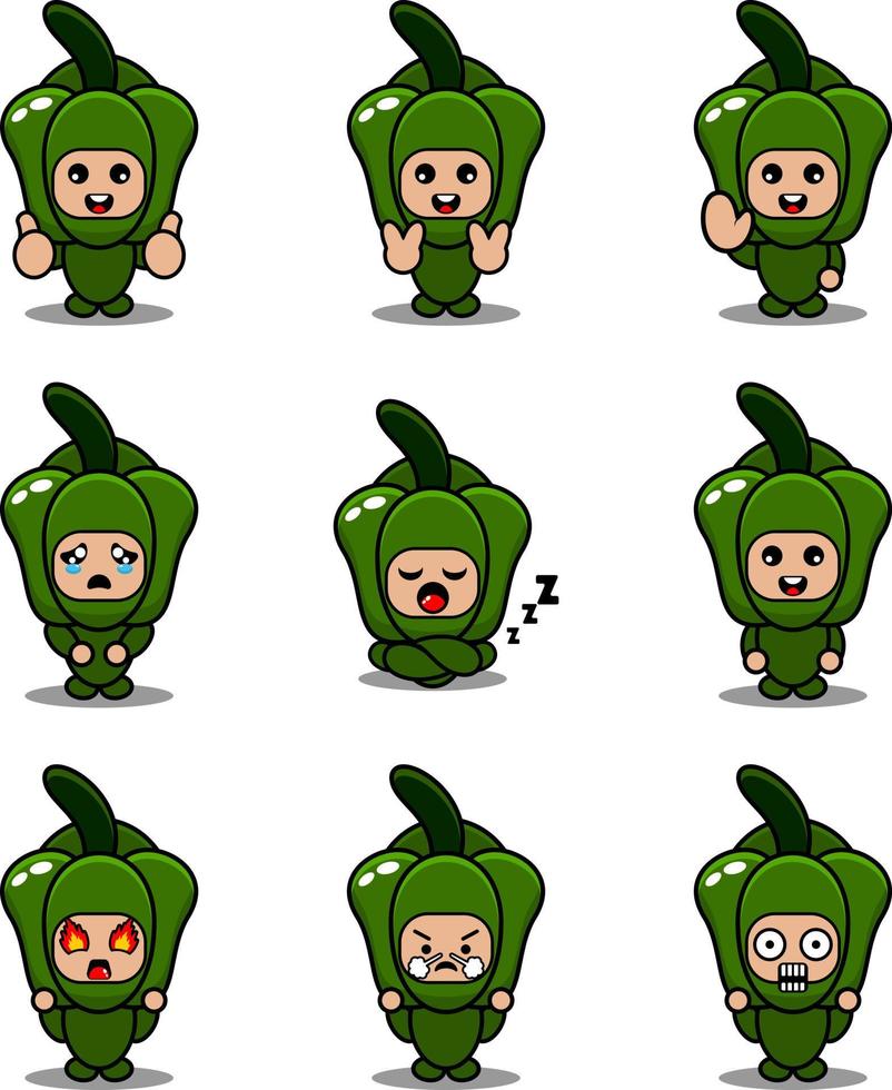 cartoon karakter illustratie groene paprika mascotte kostuum vector schattig expressie set