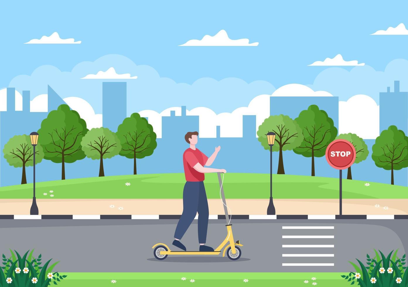 platte vectorillustratie scooter. mensen die fietsen, sporten en recreatieve activiteiten in de buitenlucht op parkweg of snelweg leven een gezonde levensstijl vector