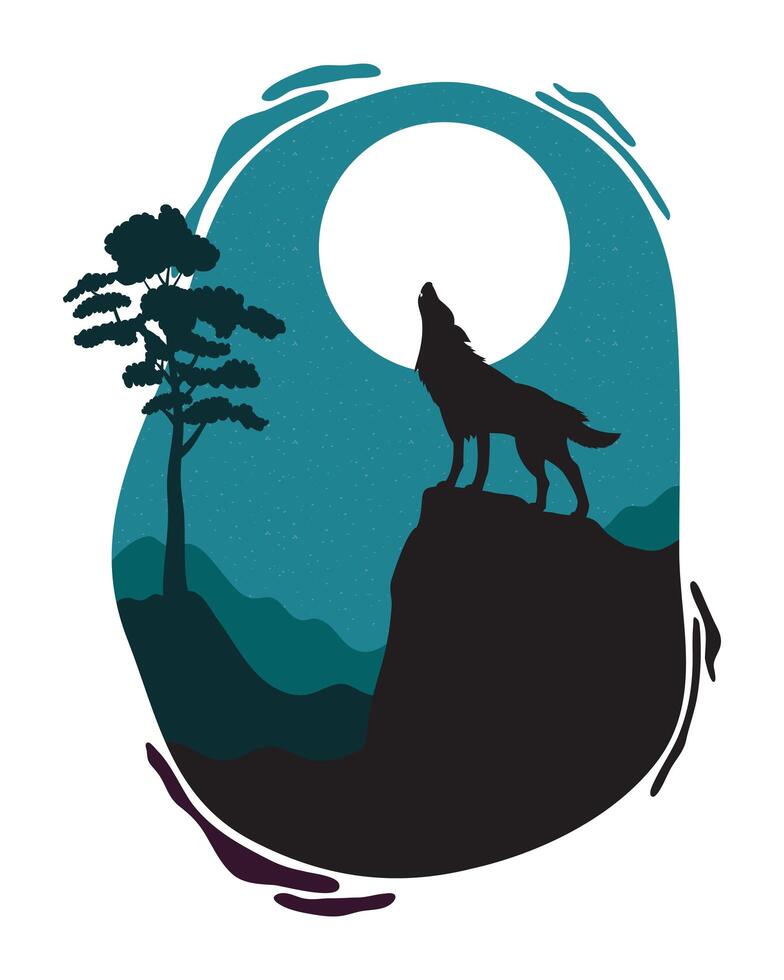 wolf huilende wilde fauna silhouet scene vector