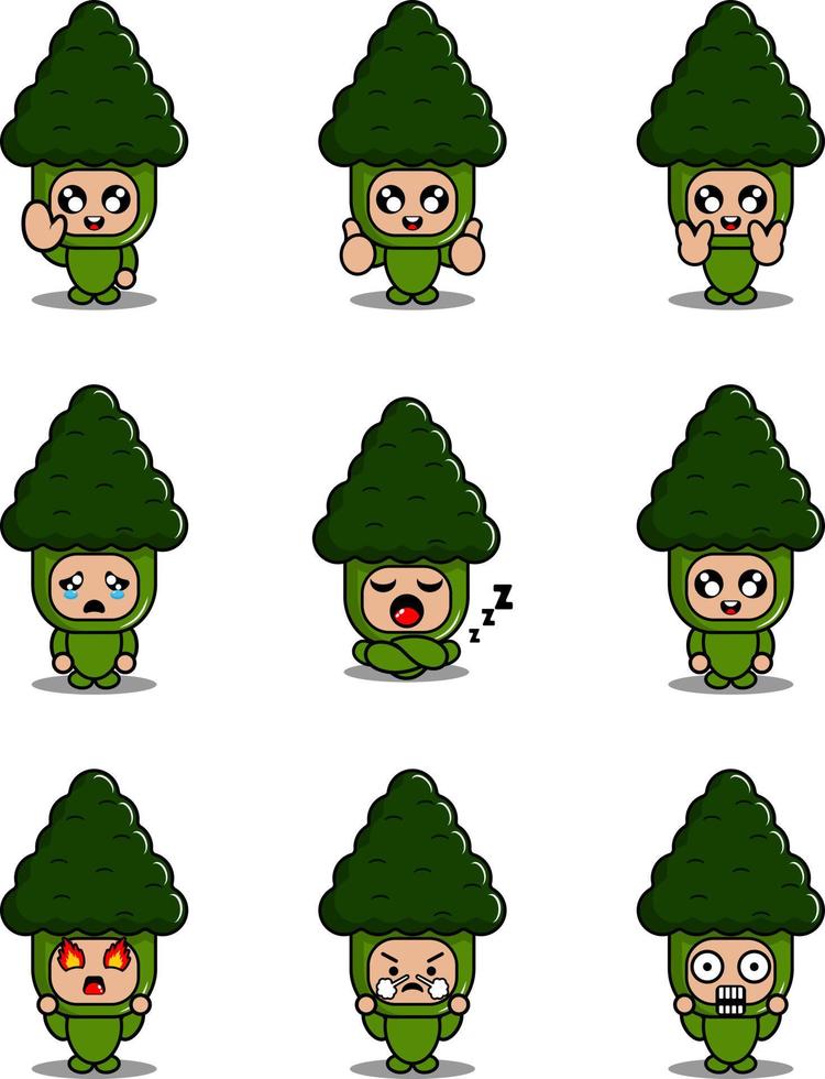 broccoli mascotte kostuum vector cartoon karakter illustratie schattig expressie set