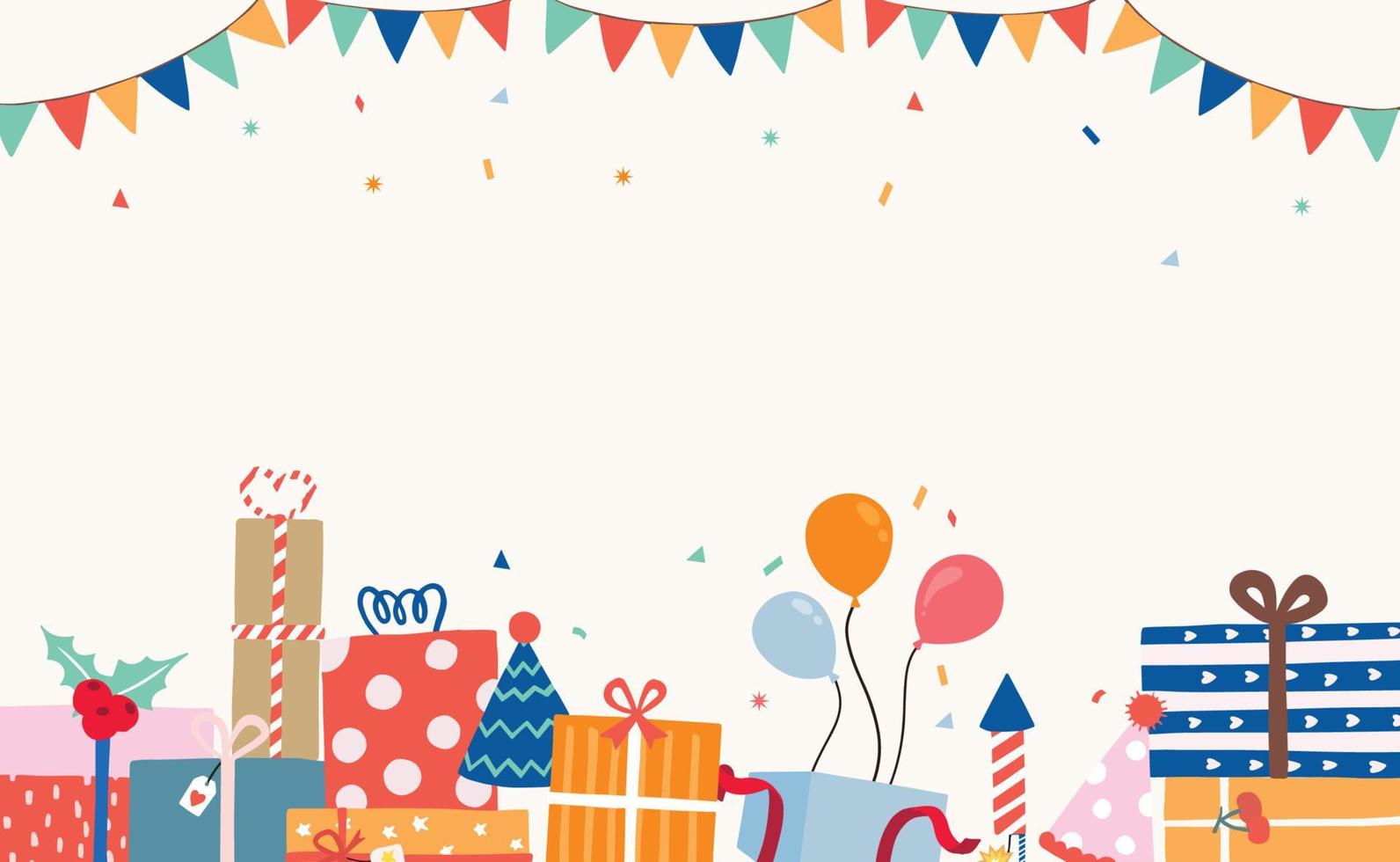 partijkaartcollectie met geschenkdoos, ballon, lint, confetti.vectorillustratie voor poster, postkaart, banner, dekking vector