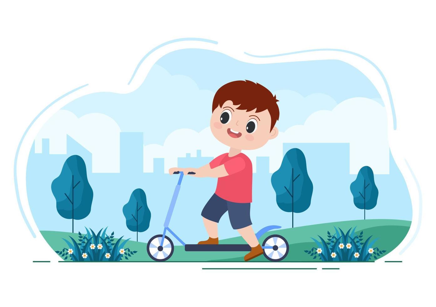 platte vectorillustratie scooter. mensen die fietsen, sporten en recreatieve activiteiten in de buitenlucht op parkweg of snelweg leven een gezonde levensstijl vector