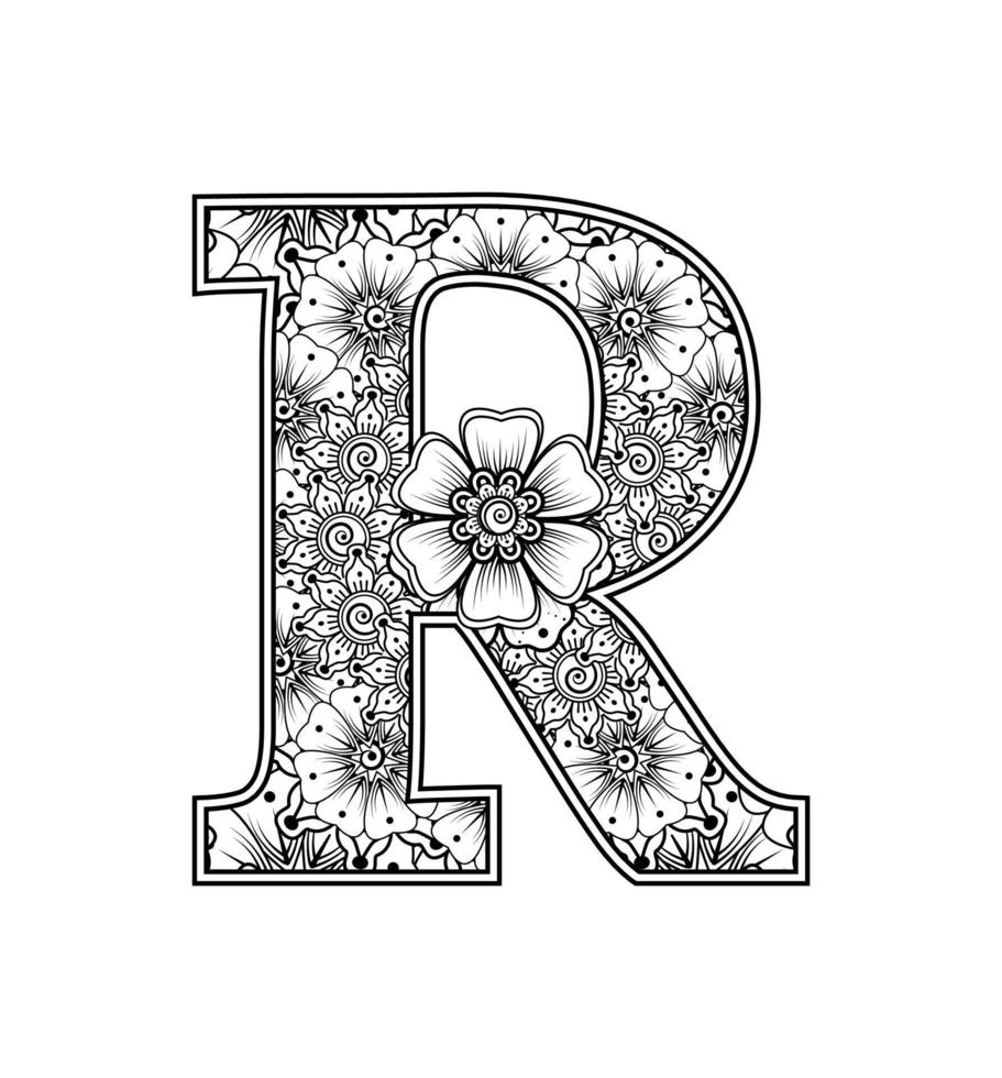 letter r gemaakt van bloemen in mehndi-stijl. kleurboek pagina. schets hand-draw vectorillustratie. vector