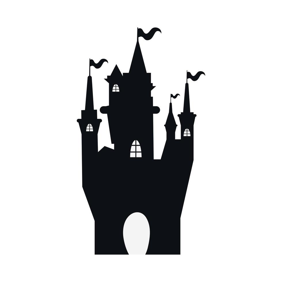 halloween achtervolgd donker kasteel met vlaggen silhouet stijl vector