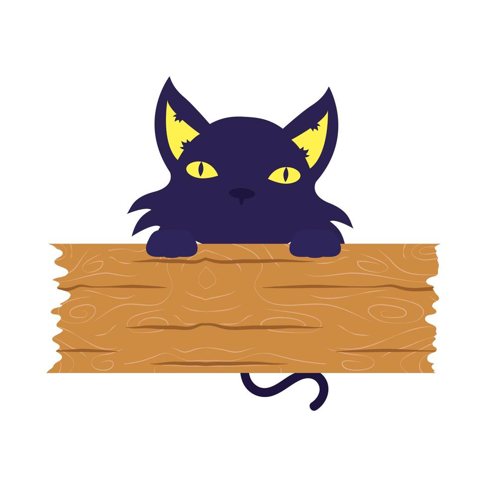 halloween kat zwarte mascotte met houten plank vector