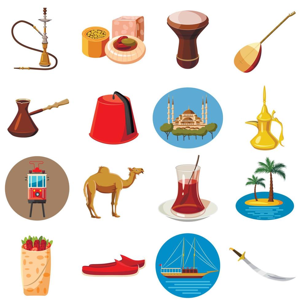 Turkije reizen iconen set, cartoon stijl vector